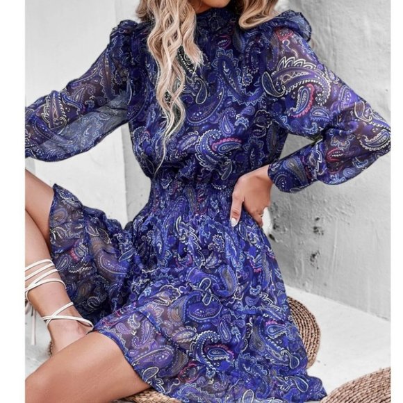 Boho blue Paisley Ruffle Trim Shirred Dress - Picture 2 of 6